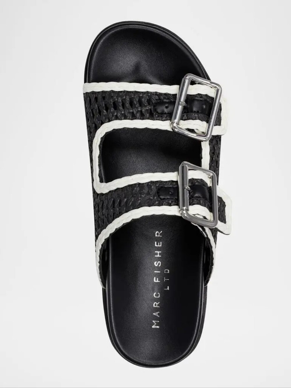 Marc Fisher Black Braided Double-Buckle Slide Sandals with White Trim